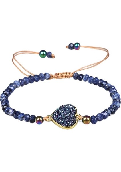 Doğal Taşlı Kalp Model Bileklik Ayarlanabilir Makrome Lacivert Kristal Kalp Detaylı Mor Boncuk Kadın Bileklik