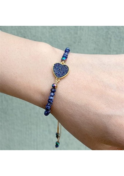 Doğal Taşlı Kalp Model Bileklik Ayarlanabilir Makrome Lacivert Kristal Kalp Detaylı Mor Boncuk Kadın Bileklik fiyatları