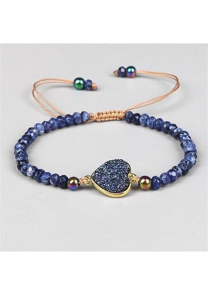 Doğal Taşlı Kalp Model Bileklik Ayarlanabilir Makrome Lacivert Kristal Kalp Detaylı Mor Boncuk Kadın Bileklik modelleri