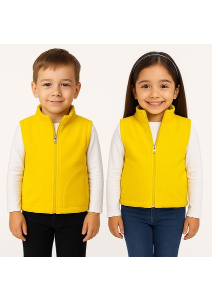Kolsuz Fermuarlı Astarlı Çift Cepli Dik Yaka Çocuk Yelek