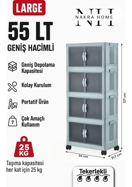 Katlanabilir 4 Katlı Tekerlekli Plastik Dolap – Çok Amaçlı Portatif Organizer (Geniş Hacim)
