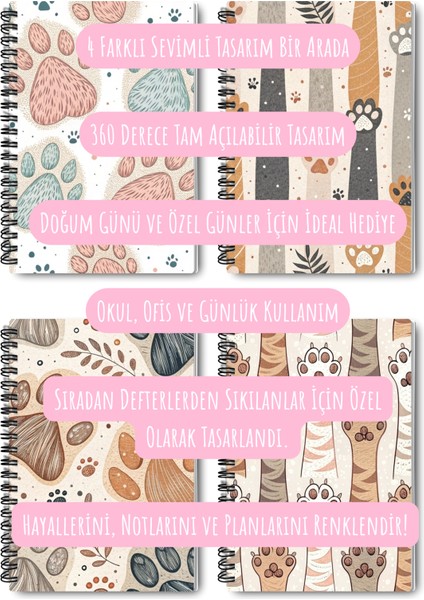 Sevimli Kedi Patileri Desenli Tasarım Tel Spiralli 4'lü Hatıra, Günlük, Anı, Okul Defter Seti