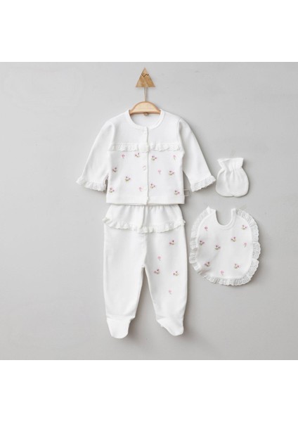Çiçek Nakışlı Gupürlü Kız Bebek 5li Zıbın Set