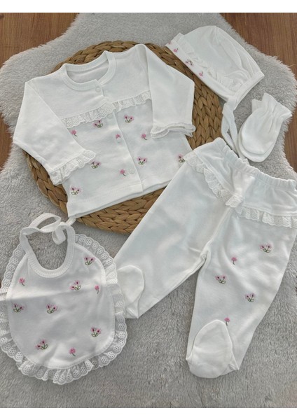 Çiçek Nakışlı Gupürlü Kız Bebek 5li Zıbın Set fiyatları