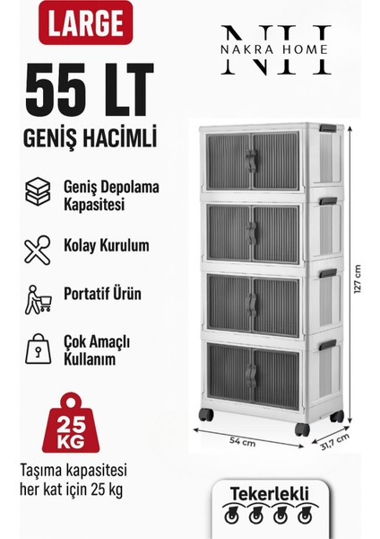 Katlanabilir 4 Katlı Tekerlekli Plastik Dolap – Çok Amaçlı Portatif Organizer (Geniş Hacim)