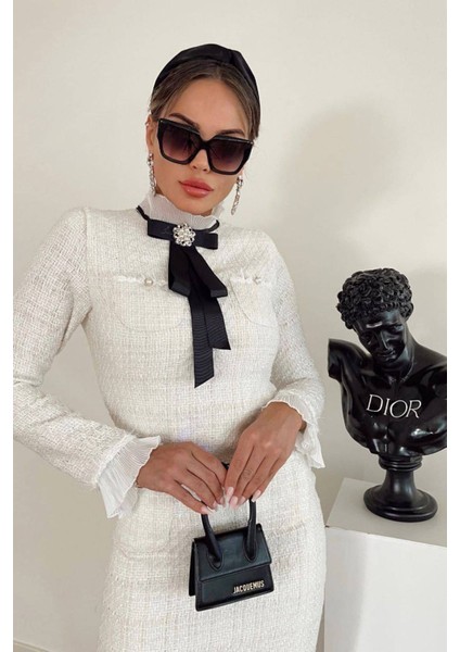 Kadın Broş ve Tül Detaylı Tüvit Kumaş Midi Elbise NBNC7027 modelleri