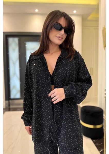 Kadın Siyah Taşlı Gömlek Pantolon Bustiyer Üçlü Takım NBKD7556