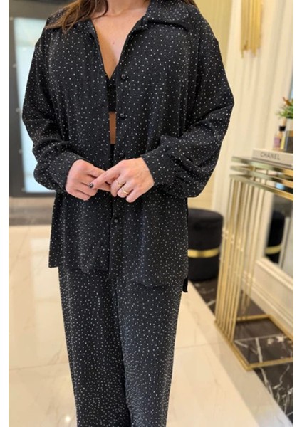 Kadın Siyah Taşlı Gömlek Pantolon Bustiyer Üçlü Takım NBKD7556 fiyatları