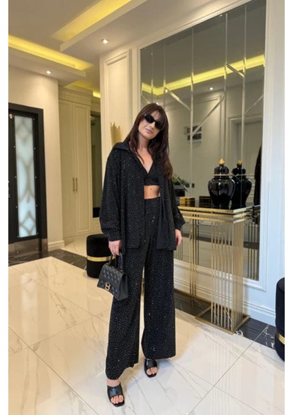 Kadın Siyah Taşlı Gömlek Pantolon Bustiyer Üçlü Takım NBKD7556 modelleri