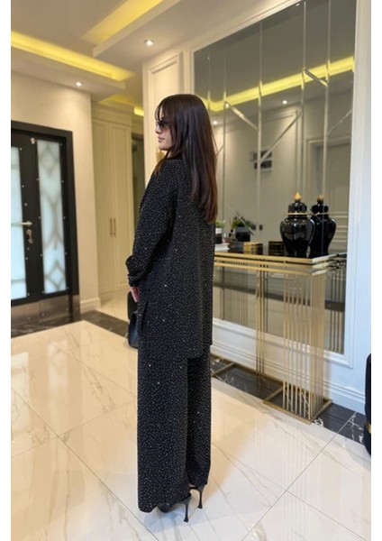 Kadın Siyah Taşlı Gömlek Pantolon Bustiyer Üçlü Takım NBKD7556 fırsatları