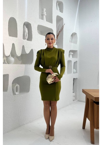 Kadın Tokalı Kemerli Kol Vatkalı Mini Elbise NBMY3838