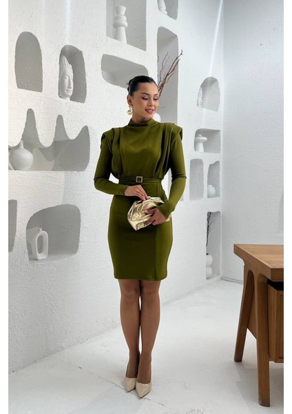 Kadın Tokalı Kemerli Kol Vatkalı Mini Elbise NBMY3838 modelleri