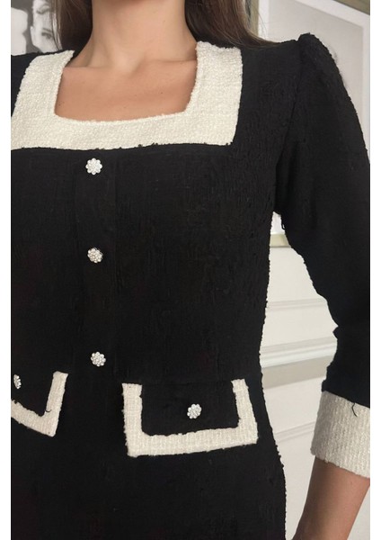 Kadın Düğme Detaylı Tüvit Kumaş Tasarım Elbise NBNC3042 fiyatları