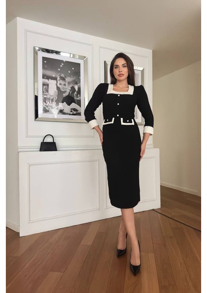 Kadın Düğme Detaylı Tüvit Kumaş Tasarım Elbise NBNC3042 indirimleri