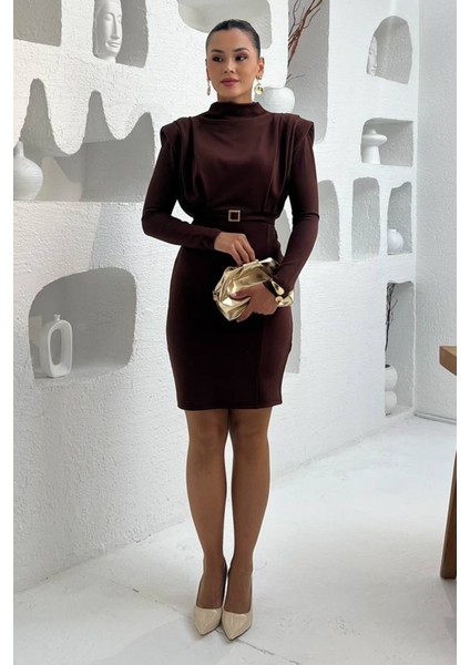 Kadın Tokalı Kemerli Kol Vatkalı Mini Elbise NBMY3838