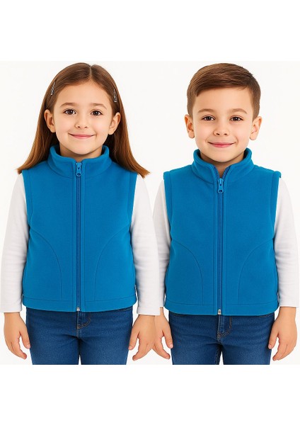 Kolsuz Fermuarlı Astarlı Çift Cepli Dik Yaka Çocuk Yelek