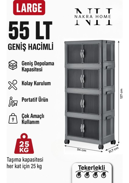 Katlanabilir 4 Katlı Tekerlekli Plastik Dolap – Çok Amaçlı Portatif Organizer (Geniş Hacim)
