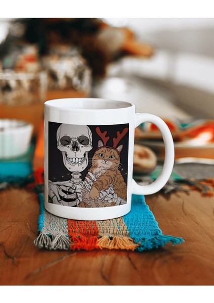 Iskelet ve Kedi Baskılı Kupa Bardak