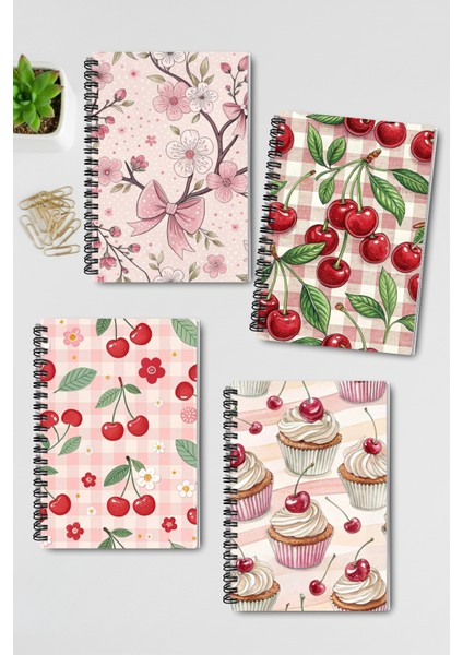 Pembe Vişne Temalı Tasarım Tel Spiralli 4'lü Hatıra, Günlük, Ajanda, Anı, Okul Defter Seti