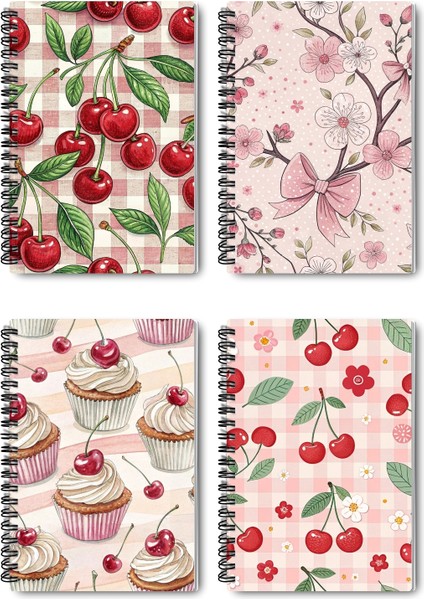 Pembe Vişne Temalı Tasarım Tel Spiralli 4'lü Hatıra, Günlük, Ajanda, Anı, Okul Defter Seti