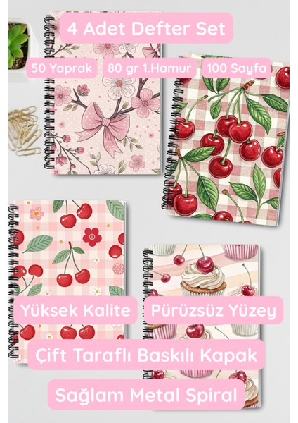 Pembe Vişne Temalı Tasarım Tel Spiralli 4'lü Hatıra, Günlük, Ajanda, Anı, Okul Defter Seti