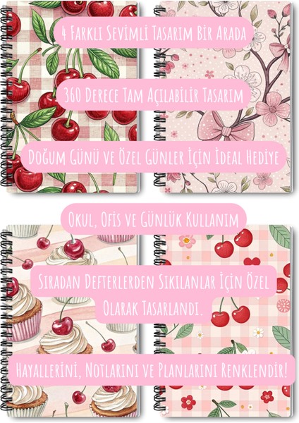 Pembe Vişne Temalı Tasarım Tel Spiralli 4'lü Hatıra, Günlük, Ajanda, Anı, Okul Defter Seti