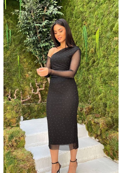 Kadın Siyah Tek Omuz Tül Kol Taşlı Midi Elbise NBMY3722 fiyatları