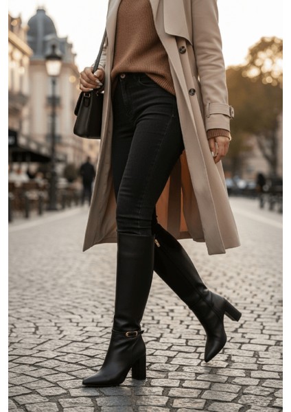 Alexa Siyah Deri Topuklu ( 9 cm Topuklu ) Yanı Fermuarlı Günlük Kullanım Çizme fiyatları