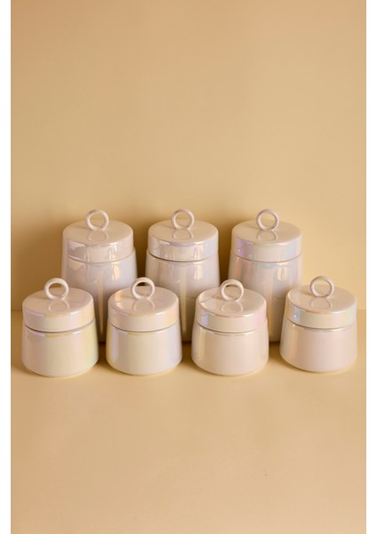 Luca Luster 7'li Ergonomik Porselen Baharatlık Seti Yuvarlak Kulplu Kapaklı Set