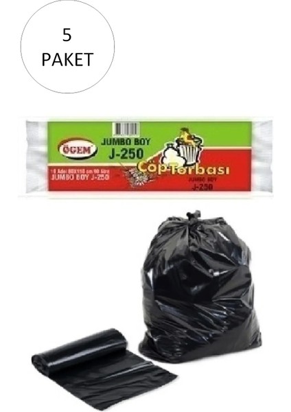 J-250 Jumbo Boy Çöp Torbası 80 x 110 cm 10 Lu Rulo x 5 Paket = 50 Adet (Siyah)