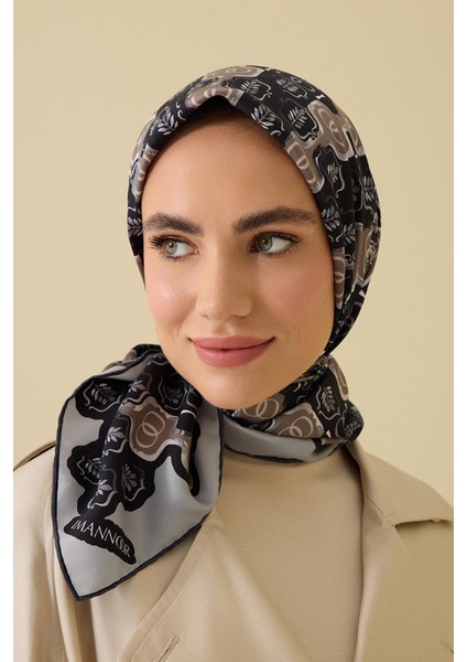 Girdap Siyah-Gri Tivil Ipek Eşarp 95X95