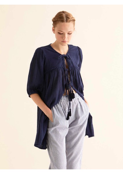 Bağcık Detaylı Kadın Kimono Lacivert Y1861115_015