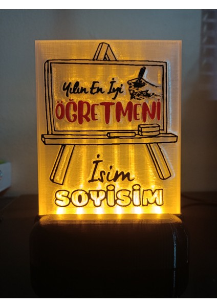 Öğretmene Hediyelik Isimli Dekoratif LED Lamba M4 - Kablolu Adaptörlü - Amber LED Işıklı