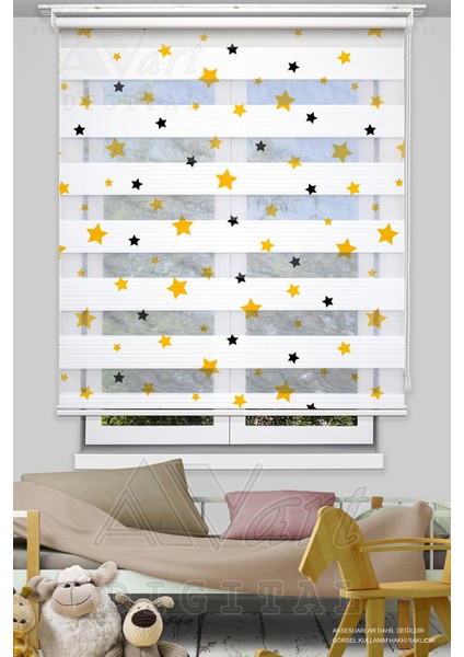 Sarı Siyah Yıldız Baskılı Çocuk Odası Perdesi - Dijital Baskılı Zebra Stor Perde