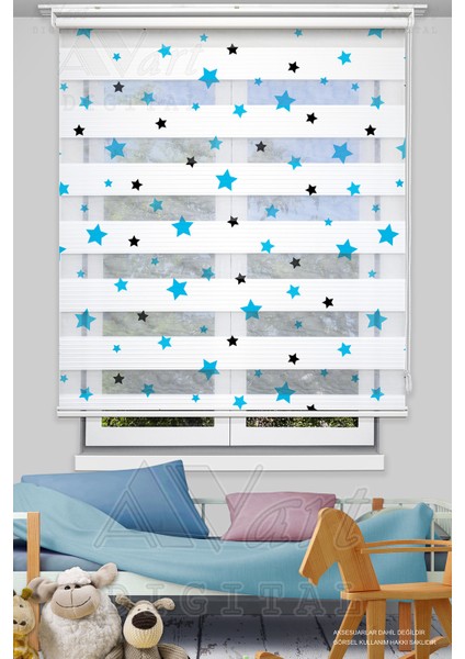 Mavi Siyah Yıldız Baskılı Çocuk Odası Perdesi - Dijital Baskılı Zebra Stor Perde