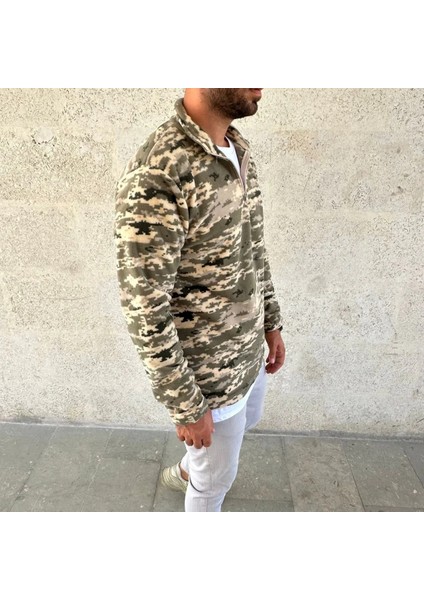 Erkek Yarım Fermuarlı Desenli Polar Sweat – Haki Kamuflaj Yakalı, Uzun Kollu, Oversize Rahat Kalıp - Haki modelleri