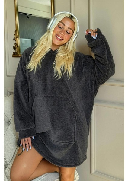 Antrasit Kapşonlu Tam Peluş Oversize Sweat Panço Pijama