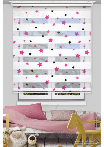 Pembe Siyah Yıldız Baskılı Çocuk Odası Perdesi - Dijital Baskılı Zebra Stor Perde