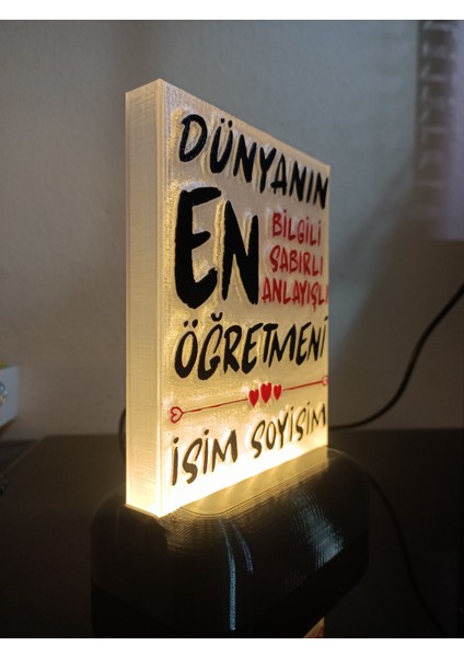Öğretmene Hediyelik Isimli Dekoratif LED Lamba M5 - Kablolu Adaptörlü - Günışığı LED Işıklı modelleri