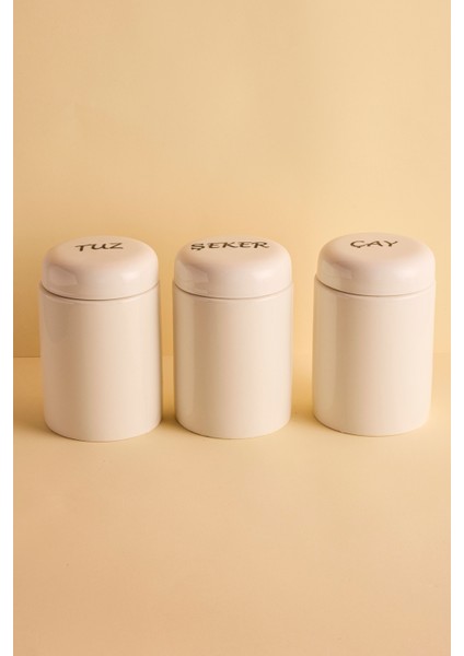 Heybeli 3'lü Porselen Kapaklı Yuvarlak Formlu Ergonomik Kavanoz Takımı