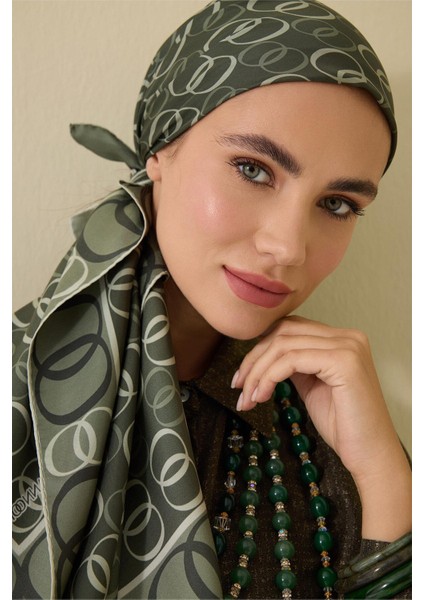 Noor Yolu 2 Haki Tivil Ipek Eşarp 90X90