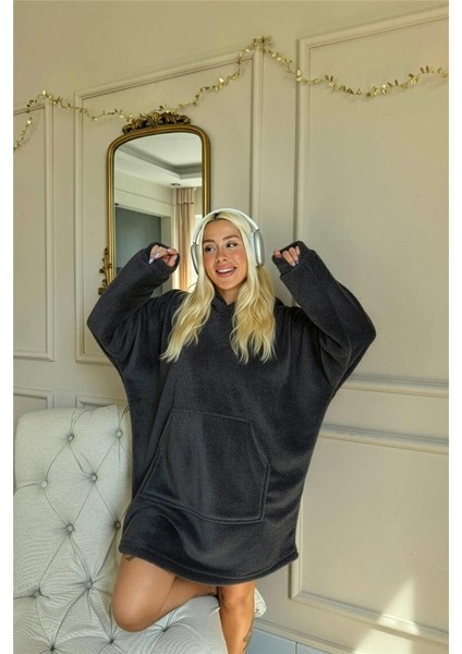 Antrasit Kapşonlu Tam Peluş Oversize Sweat Panço Pijama fiyatları