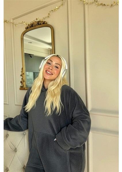 Antrasit Kapşonlu Tam Peluş Oversize Sweat Panço Pijama fırsatları