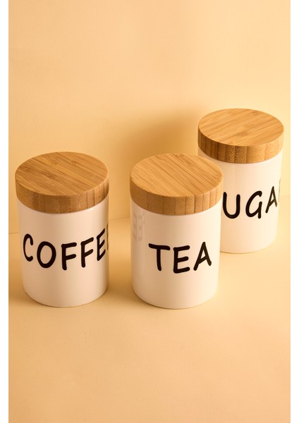 Amara 3'lü Kavanoz Takımı Bambu Kapaklı Yuvarlak Porselen Çay Kahve Şeker Seti modelleri