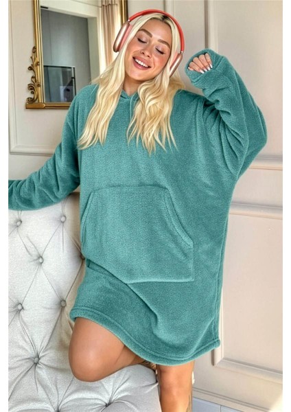 Koyu Mint Kapşonlu Tam Peluş Oversize Sweat Panço Pijama