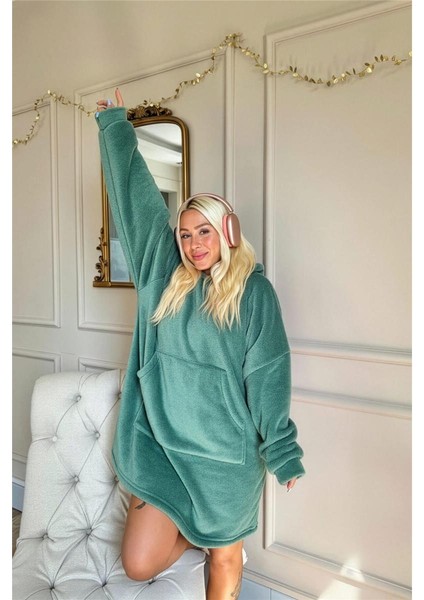 Koyu Mint Kapşonlu Tam Peluş Oversize Sweat Panço Pijama fiyatları