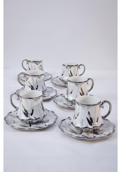 12 Parça Gümüş Yaprak Desenli Özel Form Kahve Fincan Seti modelleri