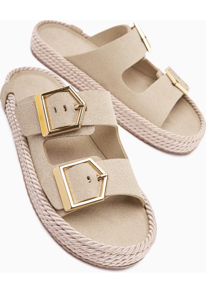 Horia Bej Çift Bantlı Örgü Tabanlı Kadın Terlik modelleri