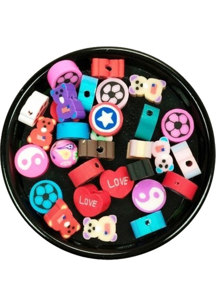 30 Adet 10 mm Polimer Kil Fimo Boncuk Takı Bileklik + 1 Metre Lastikli Misina Hediye - Karışık Renkli modelleri