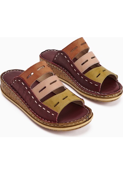 Hakiki Deri Joelle Bordo Yeşil Pudra Portakal Comfort Lazer Kesim Terlik